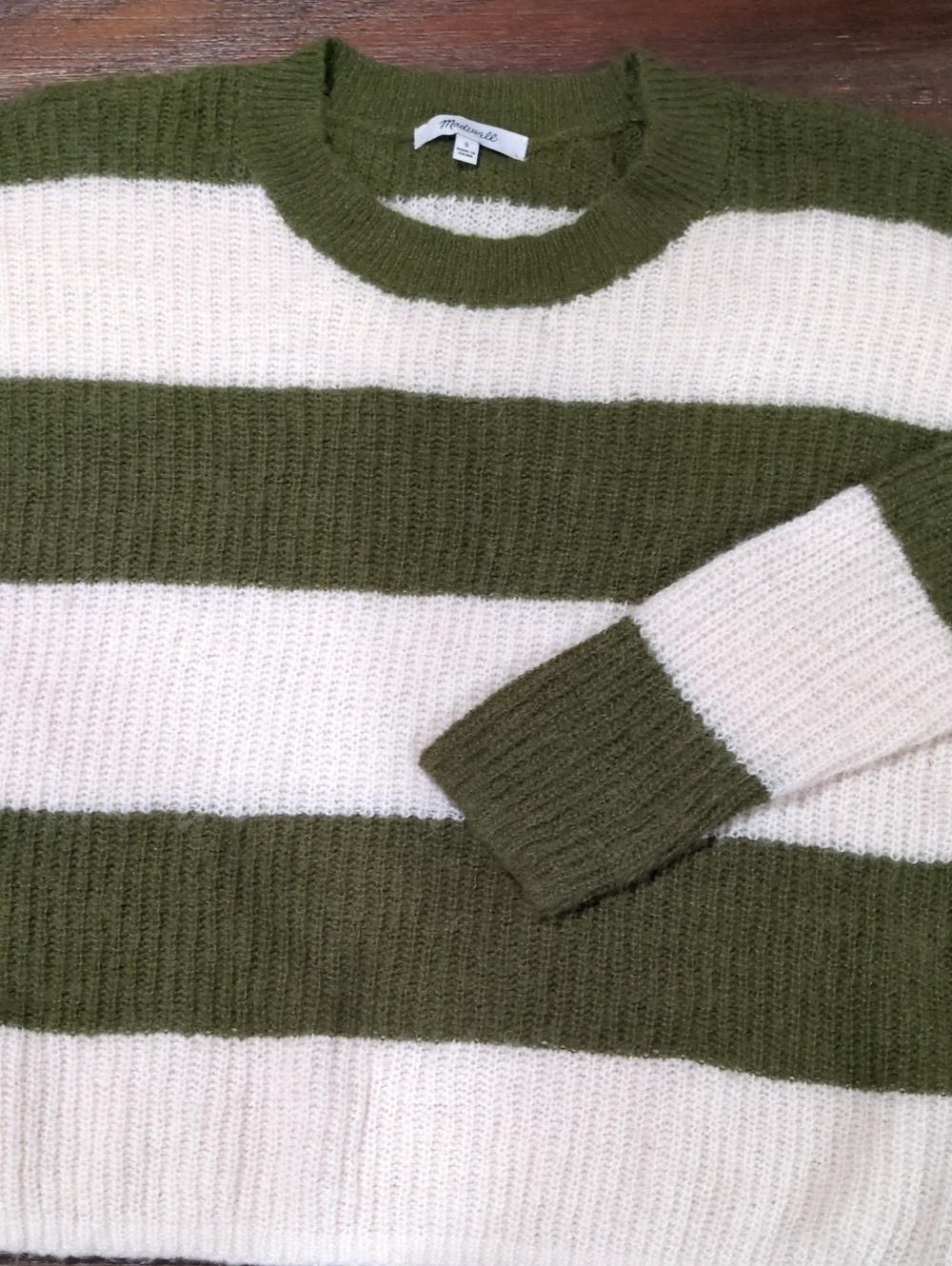 Madewell Striped Olive Green/ Cream Crewneck Sweater Women's Small Alpaca Blend